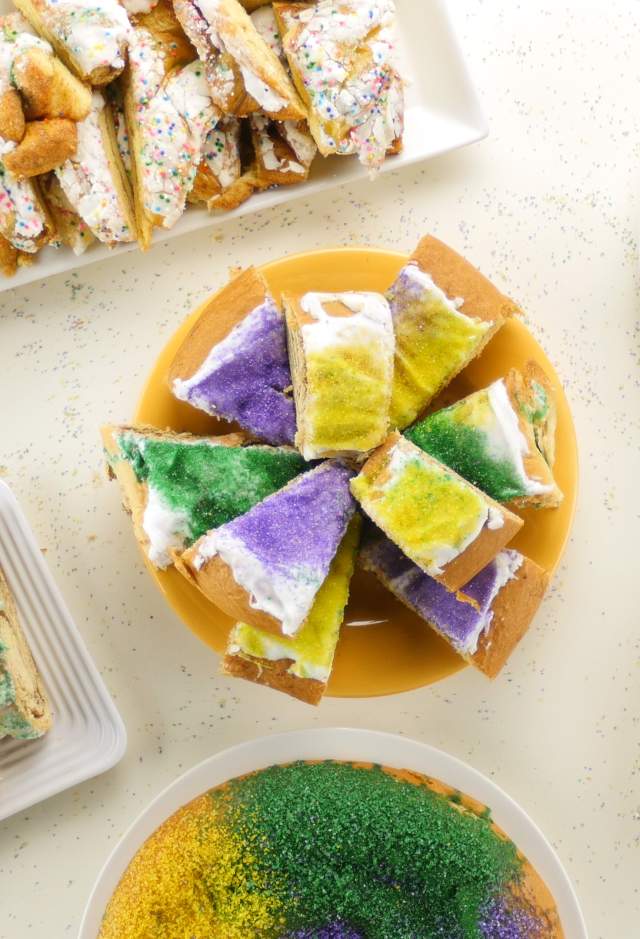 Decorated in the classic Mardi Gras colors, King Cakes come in all shapes and sizes.